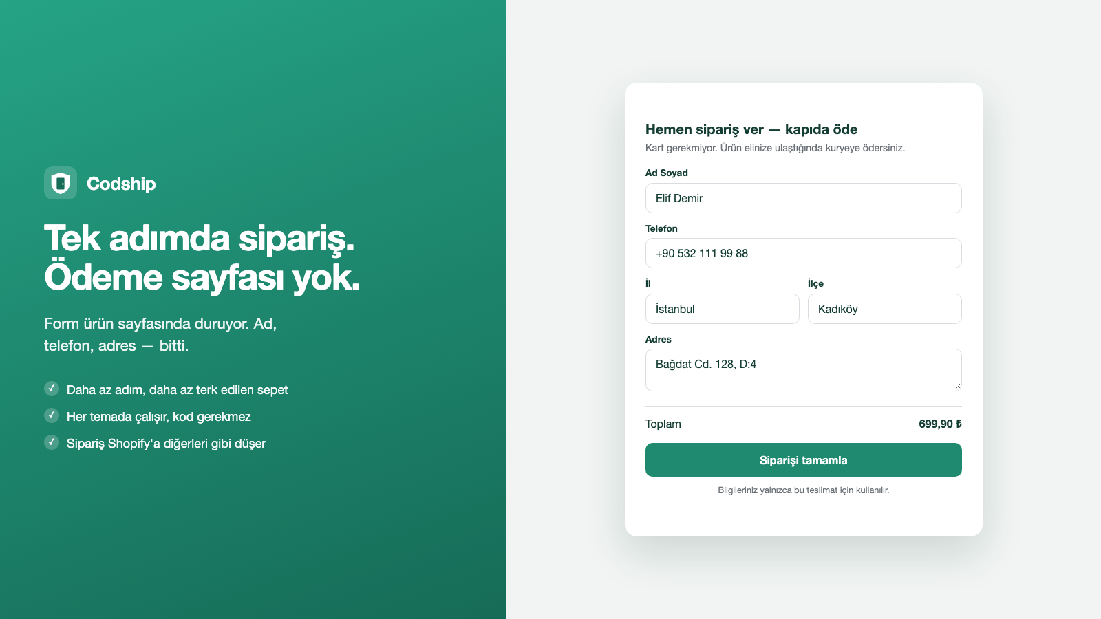 Tek adımlı kapıda ödeme formu
